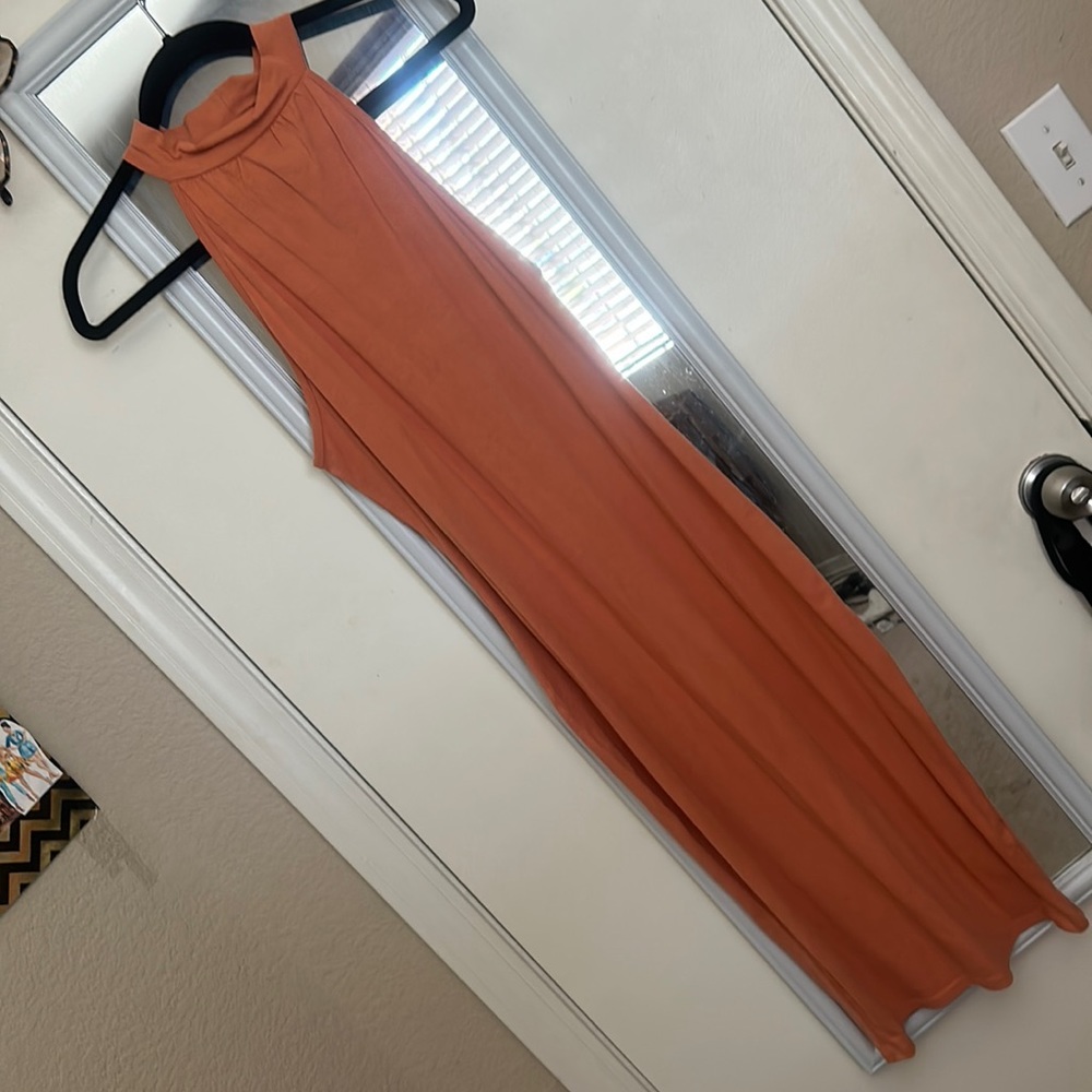 CaramelHigh Neck Midi Dress